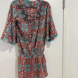 Red and Pink Tunic Dress with Bell Sleeves and Bib Collar